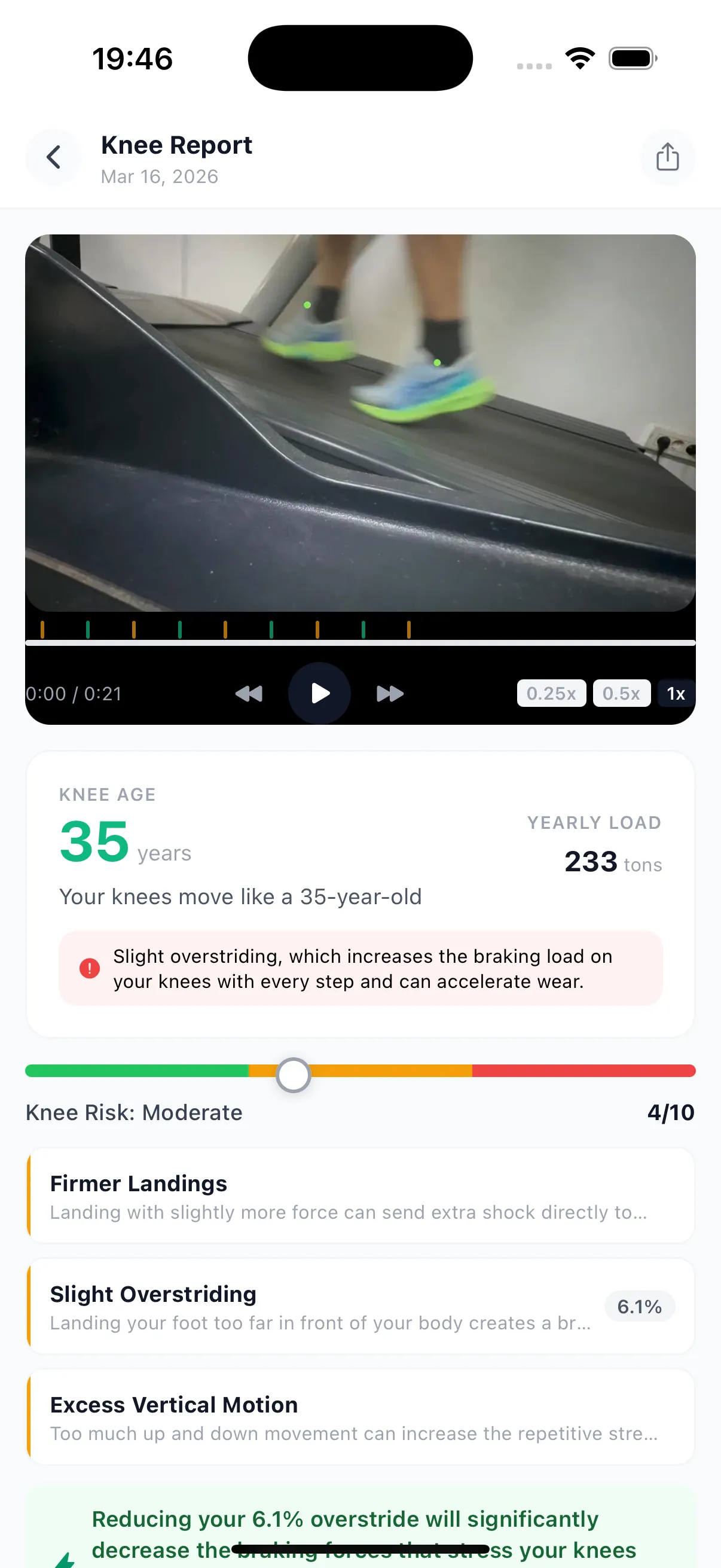 KneeGuard analysis report showing running form